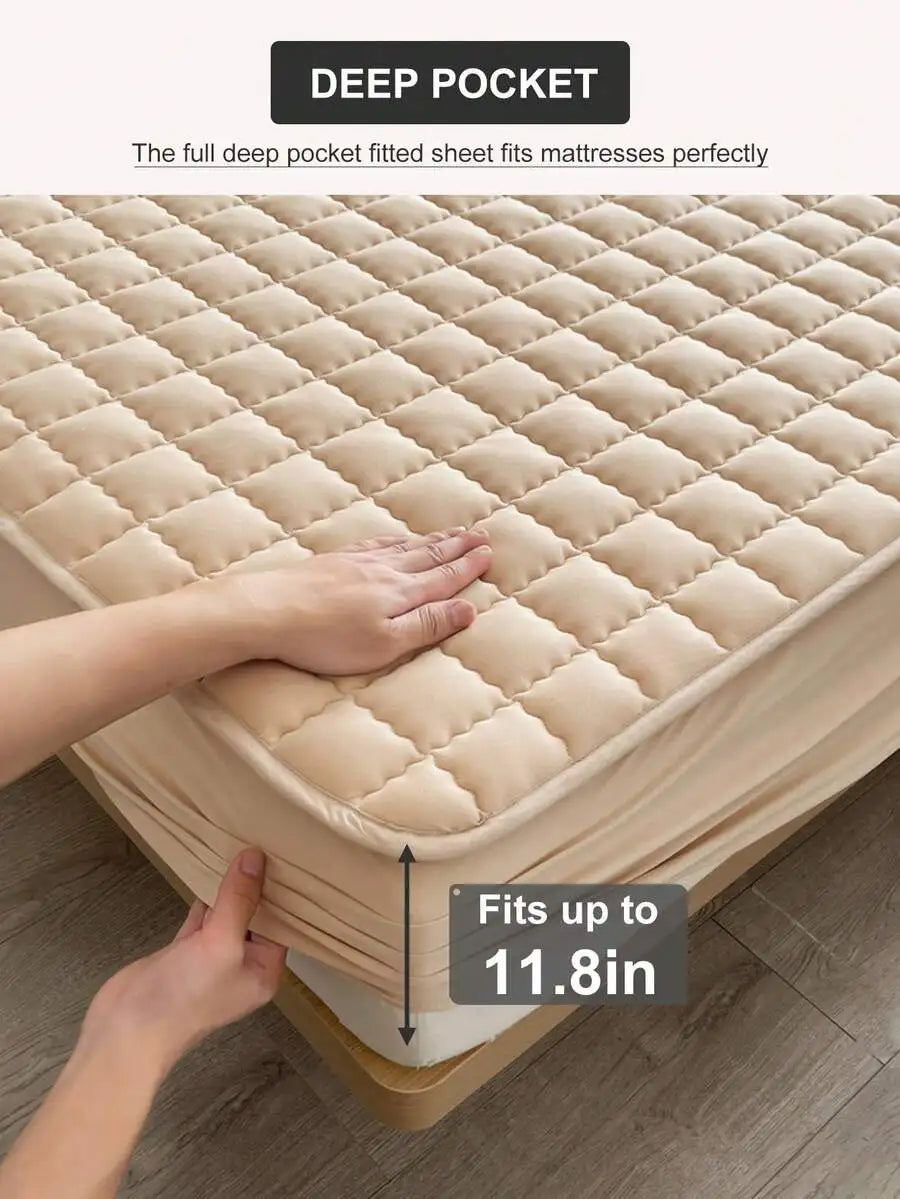 Quilted Fitted Sheet Soft Comfortable Mattress Cover Solid Color Bedding For Adult Beds