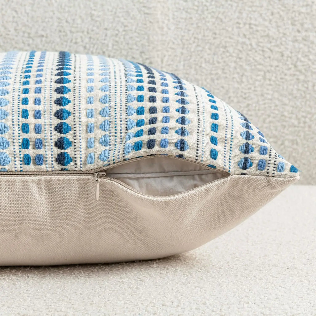 Blue Boho Striped Chenille and Linen Cushion Cover