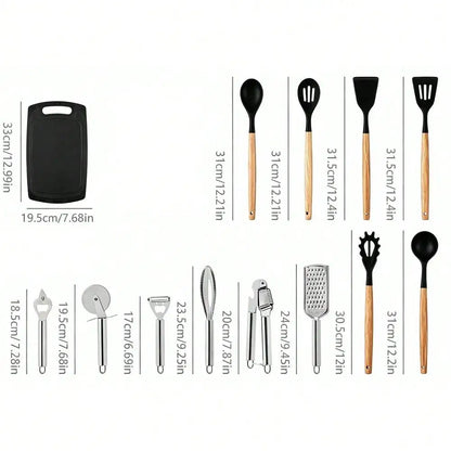 14-Piece Pink Silicone Kitchen Utensils Set with Wooden Handle, Cutting Board and Holder Rack