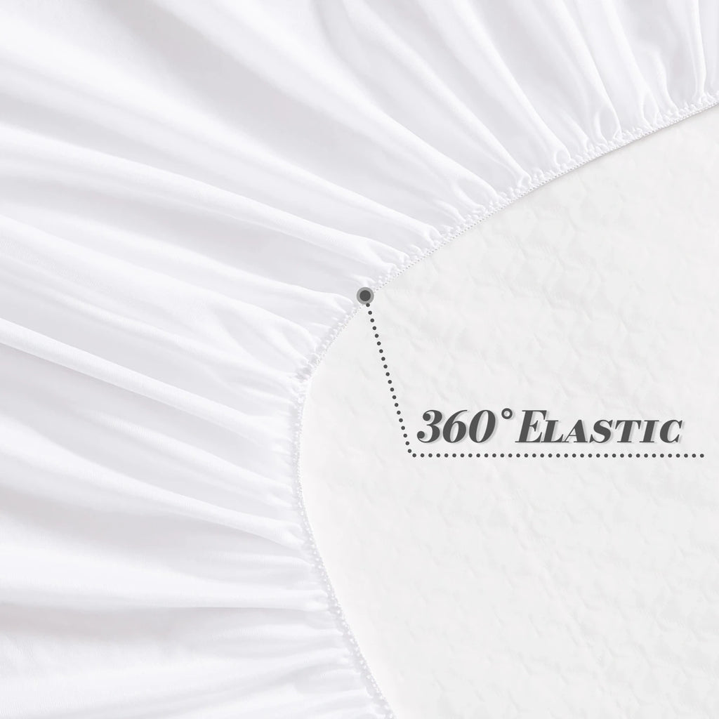 Solid Waterproof Fitted Sheet 15 Inch Deep Pocket Ultra Soft Elastic Bed Mattress Protector Cover Wrinkle‑Resistant Bed For Standard Size Beds