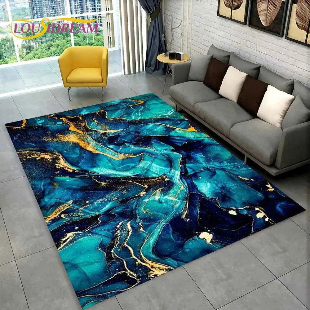 Nordic Blue Golden Colour Marble Geometric Area Rug,Carpet Rug for Living Room Bedroom Sofa Doormat Decor,Kid Non-slip Floor Mat