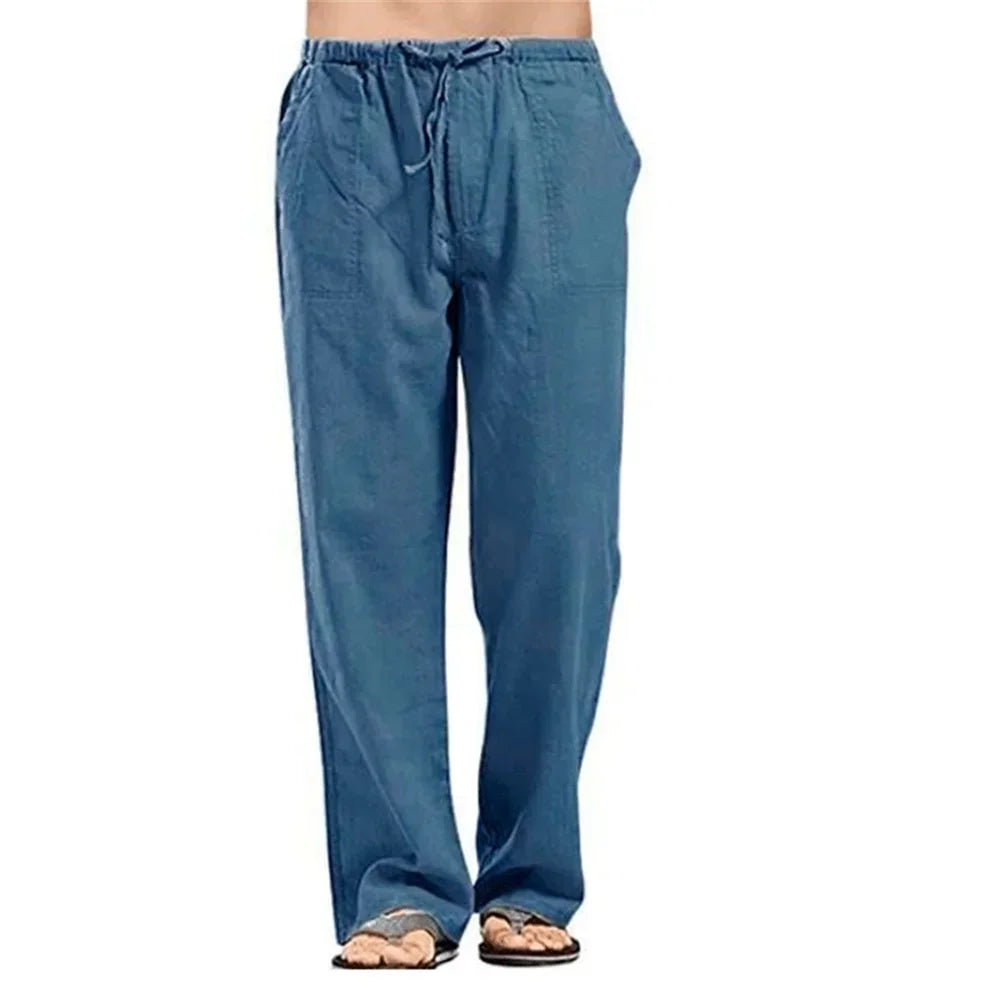 Men's Cotton Linen Pants — Solid Color Breathable Elastic Waist Casual Summer Trousers