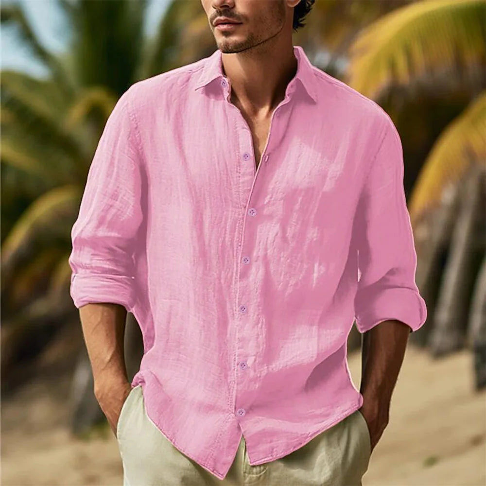 Men's Cotton Linen Hawaiian Casual Shirt — Turn Down Collar Solid Breathable White Shirt