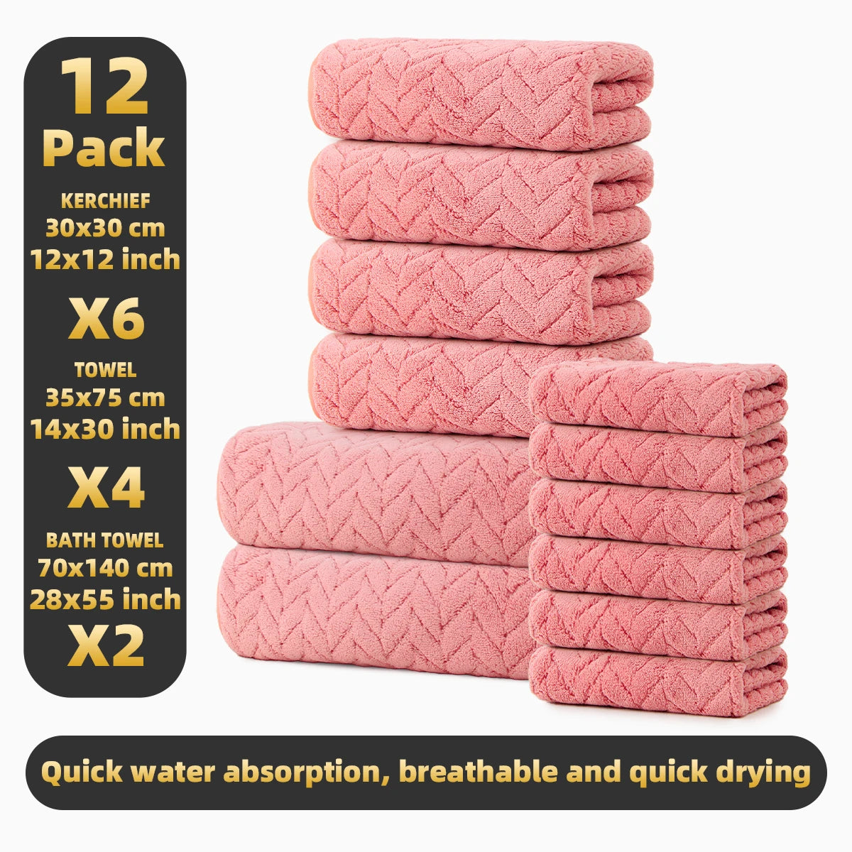 12-Piece Towel Set, 2 Bath Towels + 4 Hand Towels + 6 Face Towels, Soft