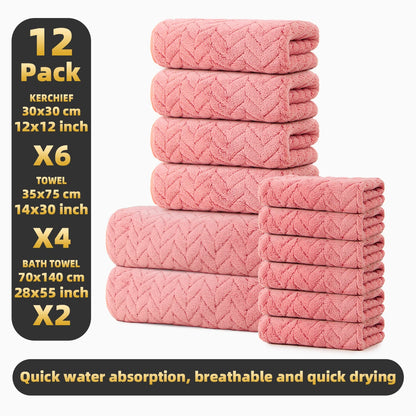 12-Piece Towel Set, 2 Bath Towels + 4 Hand Towels + 6 Face Towels, Soft