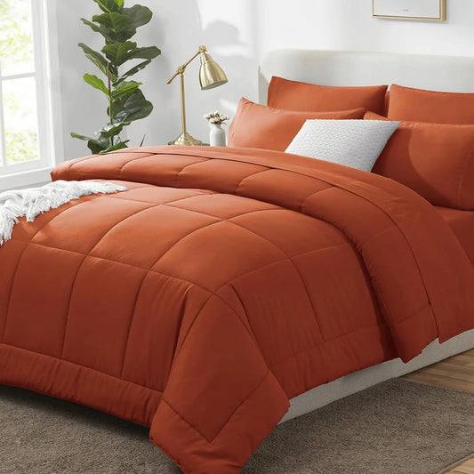 Queen Comforter Set Terracotta 7 Pieces Bed in a Bag with Quilted Comforter and Sheets