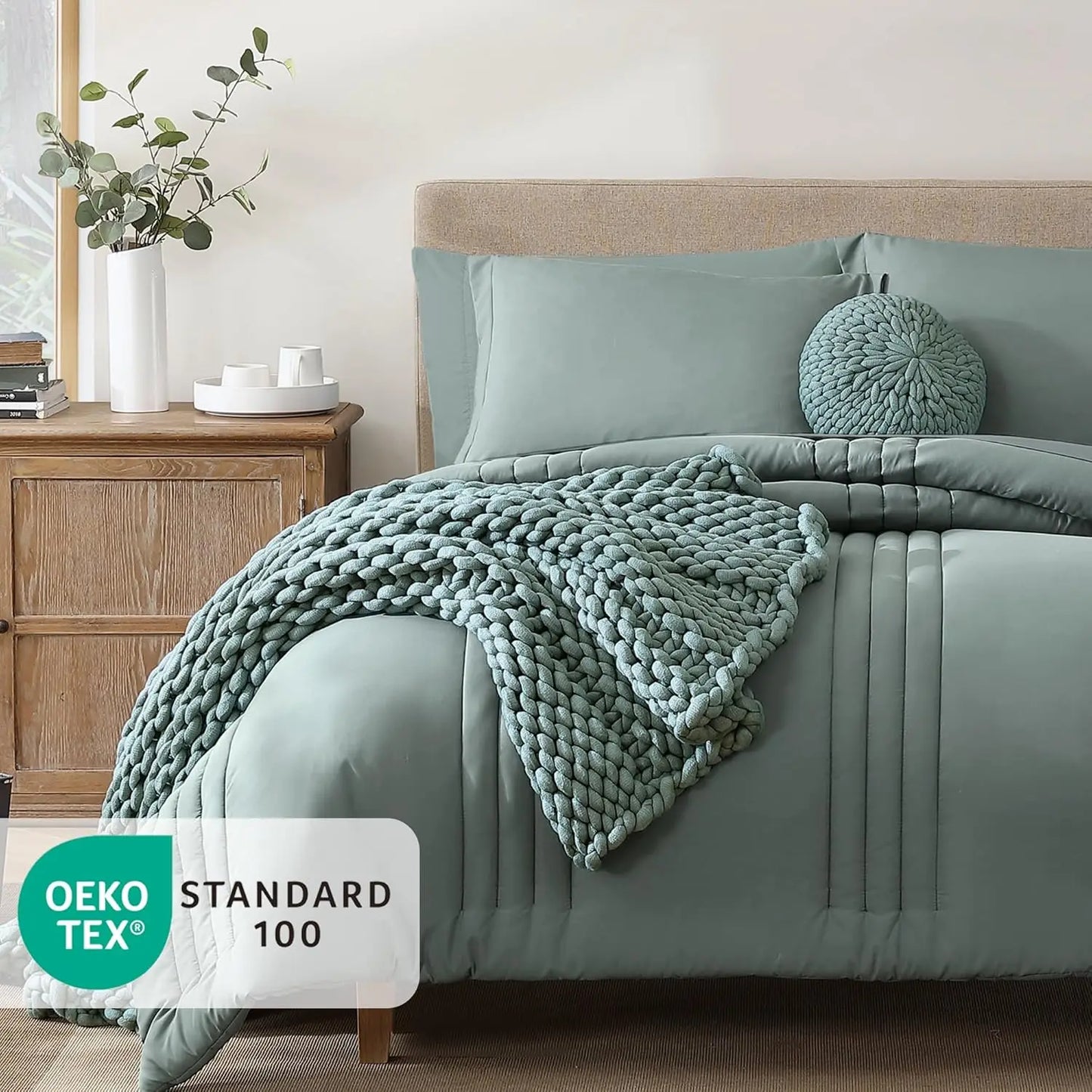 Queen Comforter Set 7 Pieces Sage Green Bed in a Bag with Sheets and Pillowcases
