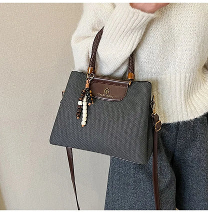 Dark Khaki Faux Leather Tote, Braided Handle & Wood Beads