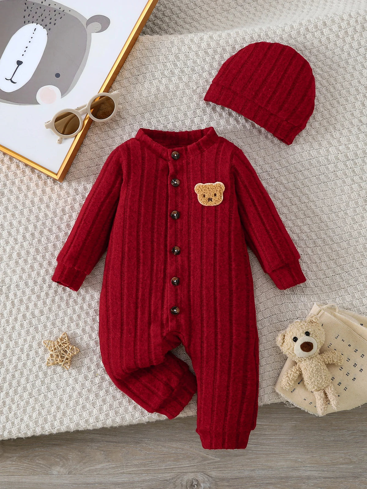 【Baby Boy】Autumn & Winter Red Onesie with Front Single-Breasted Buttons and Cute Bear Badge on Chest + Red Hat Set Featuring a W