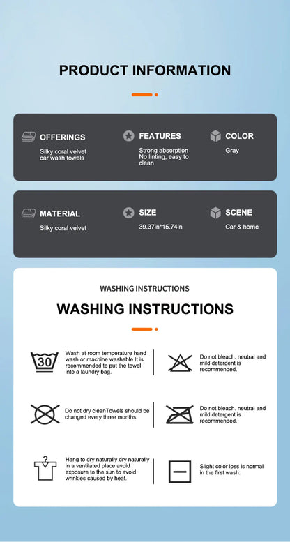 Coral Velvet Car Wash Towel, 40x100cm No-Hem