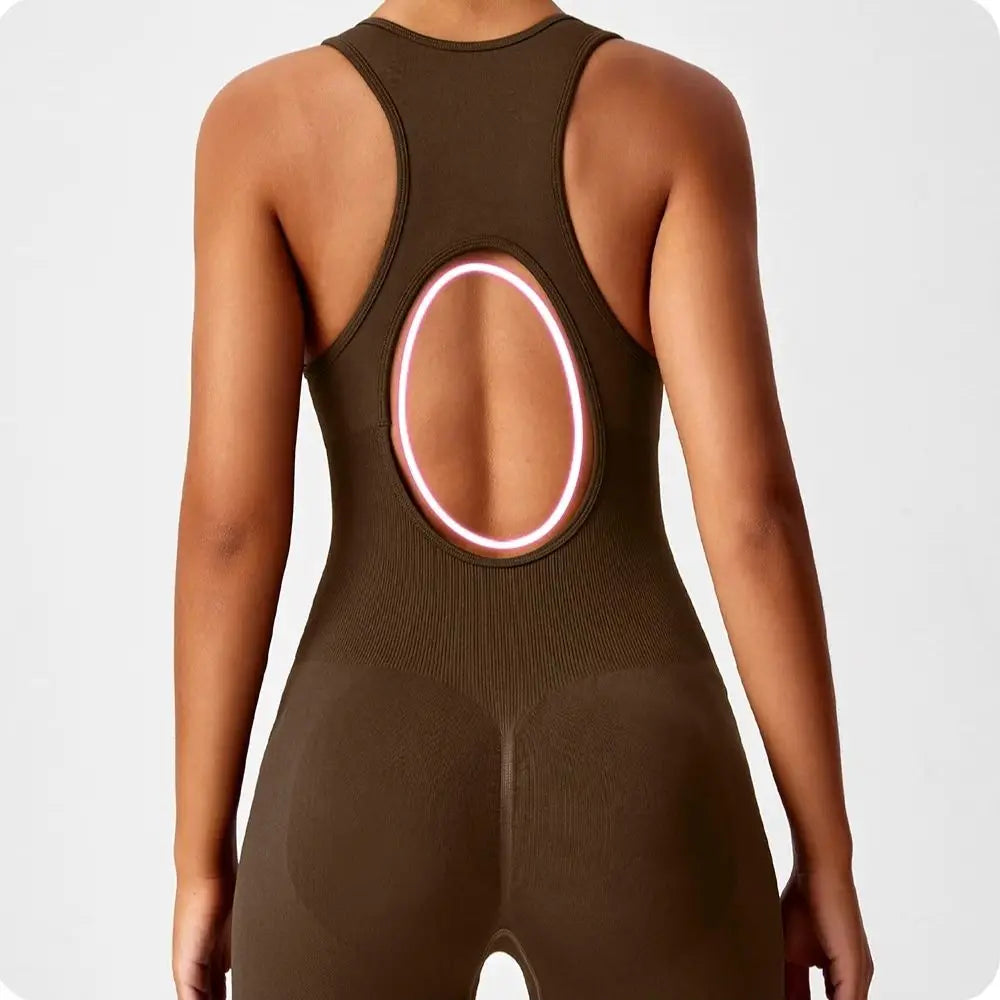 Women's V-Back Seamless Yoga Bodysuit — Peach Booty Tummy Control One-Piece Jumpsuit