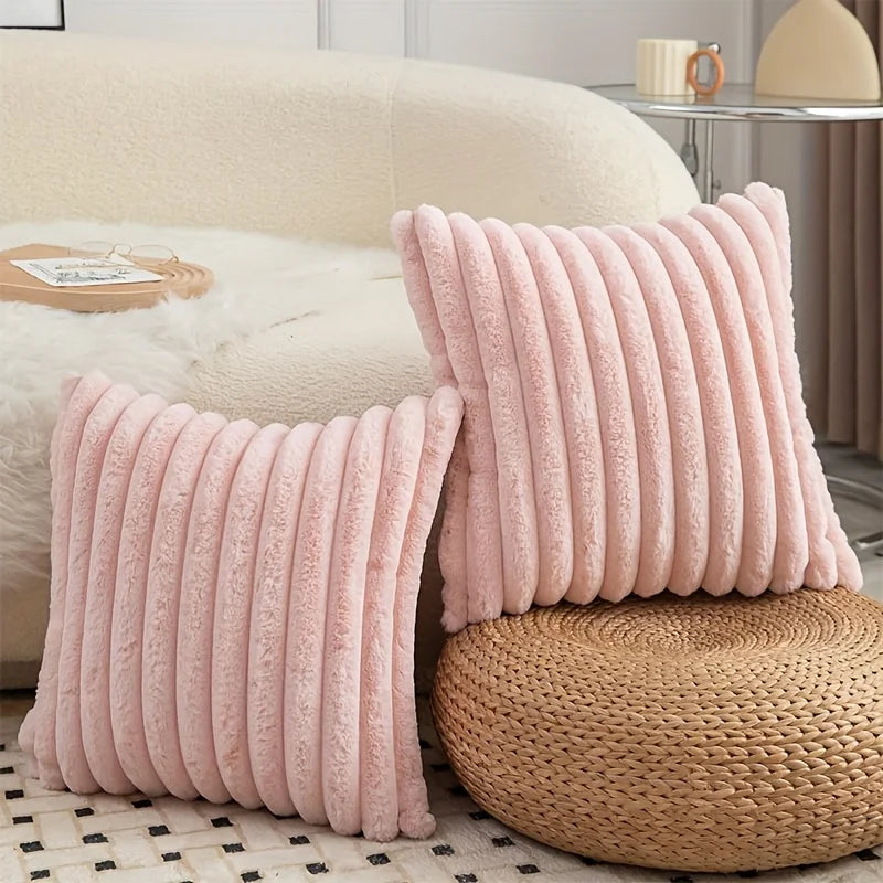 Fuzzy Striped Plush Throw Pillow Cover, Green
