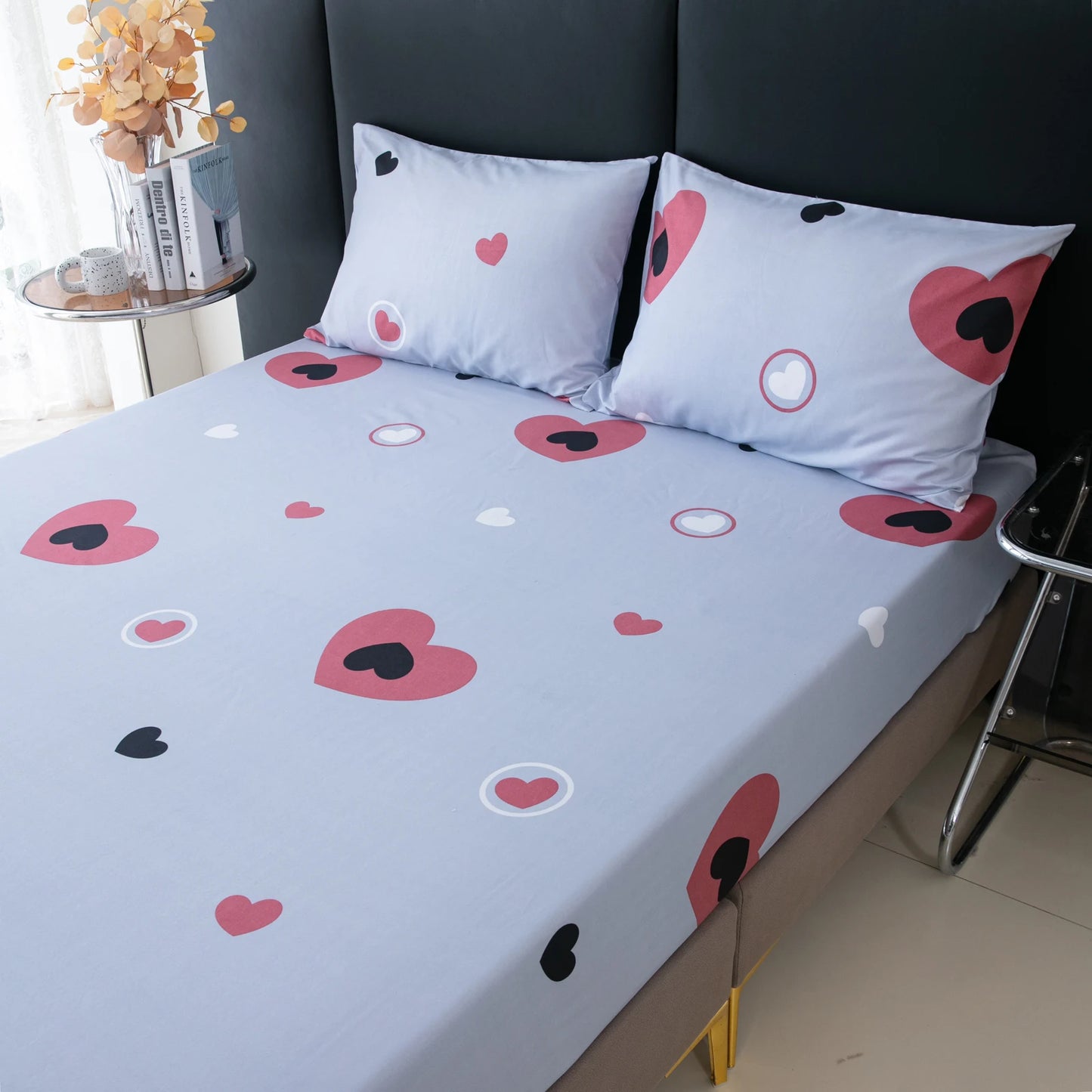 Active Printed Fitted Sheet, 1 Piece, Heart-Patterned Mattress Cover (Pillow Insert and Pillowcase Not Included), Simple Style Polyester Fiber Rectangular 3D Dirt-Resistant Mattress Protector, Polyester Five-Sided Patterned F