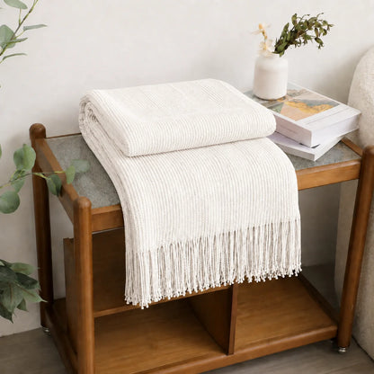 Cream Popcorn Bobble Textured Knit Throw Blanket with Tassel Fringe, Soft Knitted Decorative Blanket, Lightweight Cozy Cover for Couch Sofa Bed, Boho Farmhouse Home Decor for Living Room Bedroom
