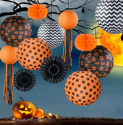 12 Pack Halloween Paper Lantern Pumpkin Set, Black Orange