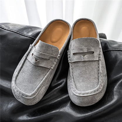 Men's Leather Half Slippers | Lazy Slip-On Driving Shoes Breathable Walking Loafers