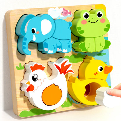 Four-in-one Wooden Toy, 3D Wooden Puzzle, Cartoon Animal, Cognitive Puzzle Early Learning and Educational Toy for Children, Gift