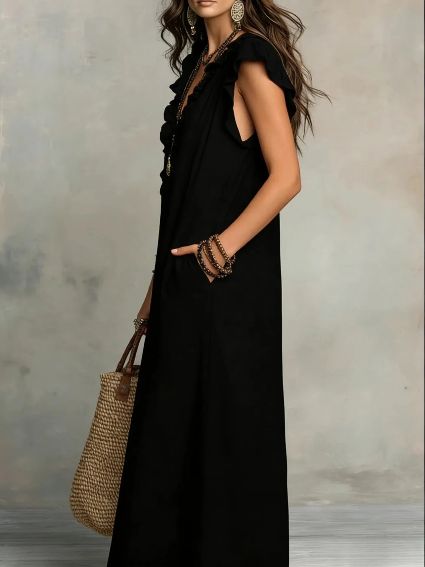 Women's Bohemian Ruffle Linen Maxi Dress — V-Neck Sleeveless Beach Dress with Pockets