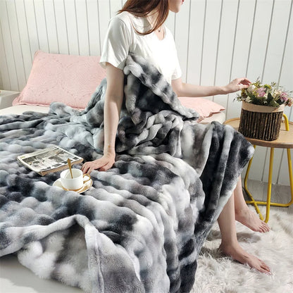 Gradient Bubble Fleece Throw Blanket Cozy Soft Plush Multipurpose Nap Blanket for Bedroom Sofa Faux Rabbit Fur Travel Blankets