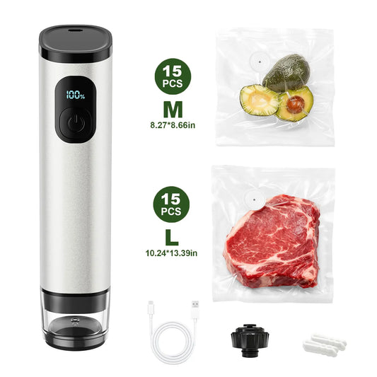 Portable Aluminum Electric Vacuum Food Sealer with 30 Reusable Bags, Wine Stopper and Sealing Clips
