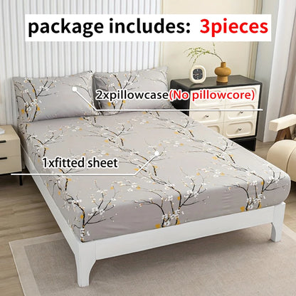 3-Piece Floral Fitted Sheet Set with 2 Pillowcases