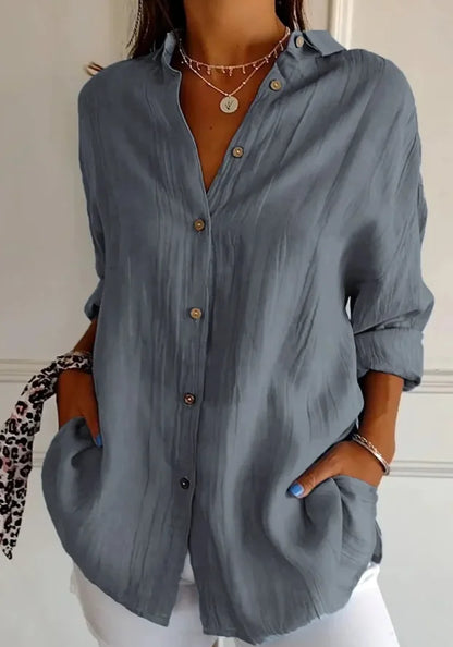 Women's Lapel Long Sleeve Solid Shirt — Casual Single Breasted Blouse Top