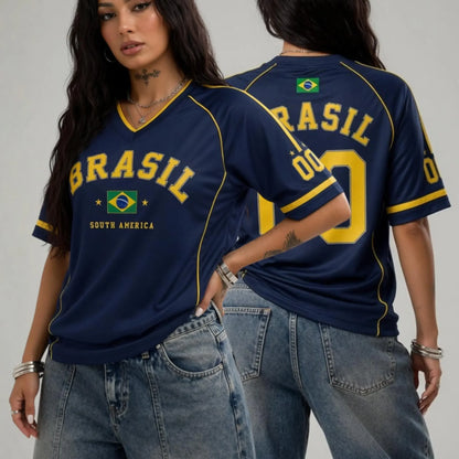 Women's Brazil Print V-Neck Sport T-Shirt — Plus Size Short Sleeve Jersey
