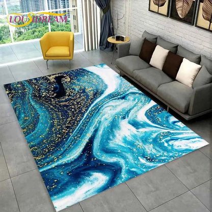 Nordic Blue Golden Colour Marble Geometric Area Rug,Carpet Rug for Living Room Bedroom Sofa Doormat Decor,Kid Non-slip Floor Mat