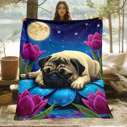 Pug by Moon and Tulips HD Printed Blanket. Soft and Warm Flannel Blankets for Travel, Camping, Sofa, Livingroom, Couch, Chair, Bed. Gift for Family or Friends 280GSM 4 Sizes Available (30x40in/40x50in/50x60in/60x80in)