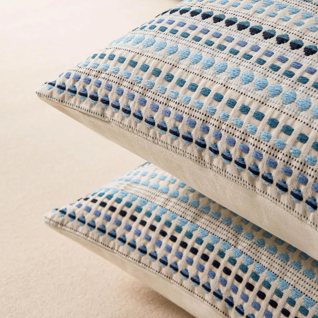 Blue Boho Striped Chenille and Linen Cushion Cover