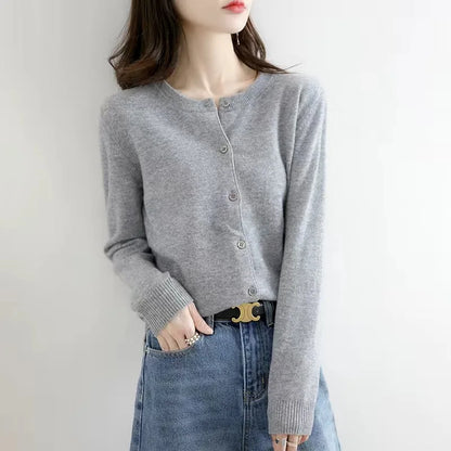 Women's Round Neck Knitted Cardigan Sweater — Solid Color Loose Slimming Top