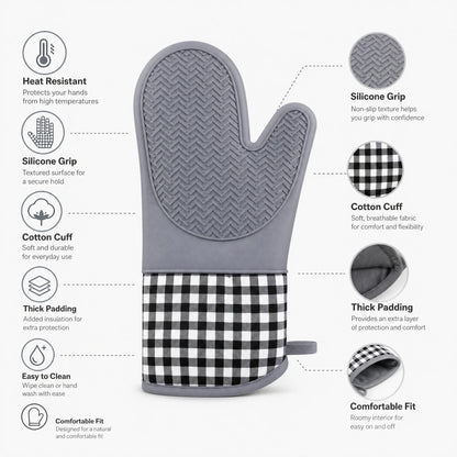Heat Resistant Silicone Oven Mitt with Cotton Cuff for Baking, BBQ and Microwave