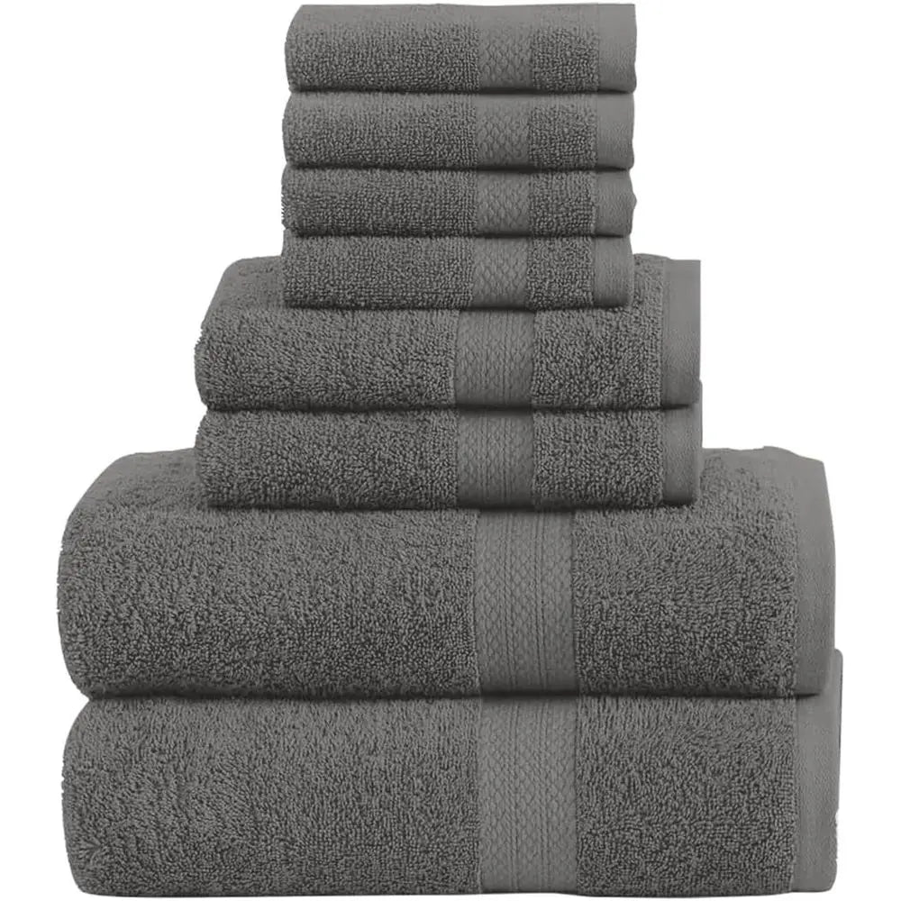 8-Piece Towel Set: 2 Bath, 2 Hand, 4 Washcloths, 100% Cotton, Lightweight
