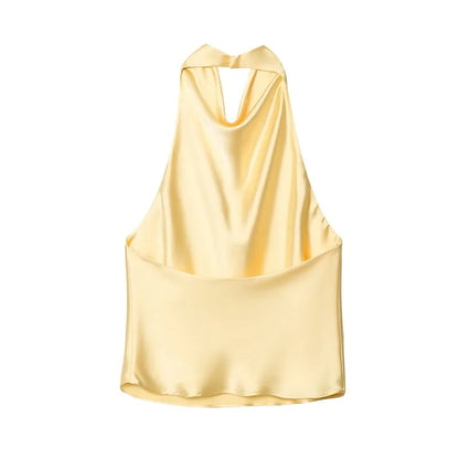 MUJER Women's Halter Satin Camisole Top — Off Shoulder Backless Summer Top