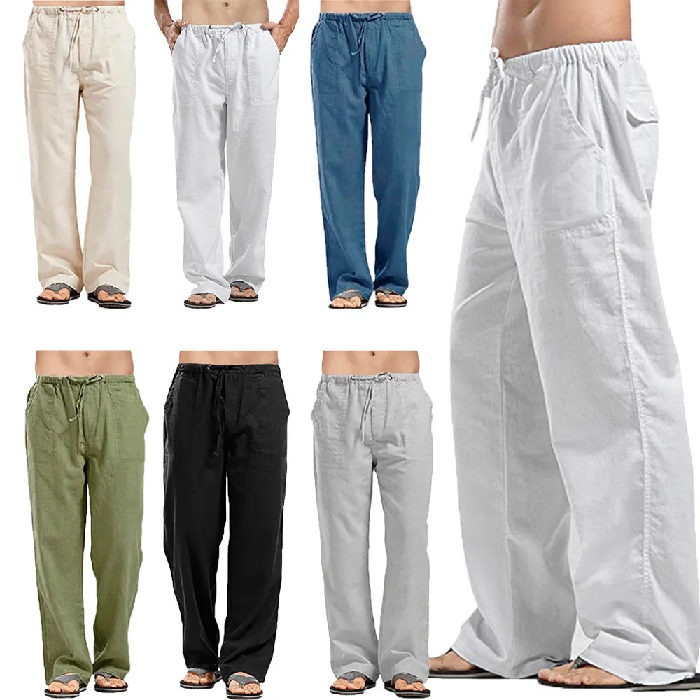 Men's Cotton Linen Pants — Solid Color Breathable Elastic Waist Casual Summer Trousers