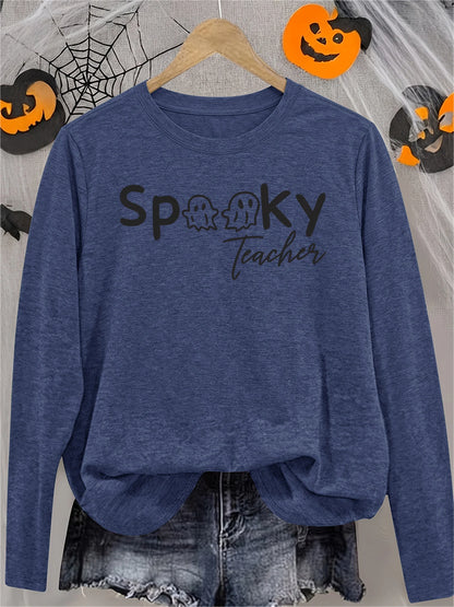 Women's Spooky Teacher Long Sleeve Crew Neck T-Shirt with Ghost Print, Cute Soft Horror Funny Halloween Gift, Casual Athletic Vacation Top