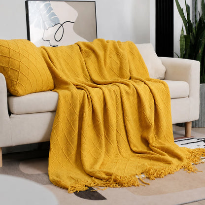Beige Openwork Textured Knit Throw Blanket with Tassel Fringe, Soft Knitted Decorative Blanket, Lightweight Cozy Cover for Couch Sofa Bed, Boho Farmhouse Home Decor for Living Room Bedroom