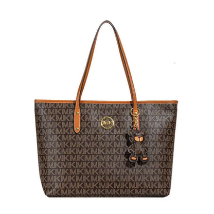 Letter-Print Tote with Cartoon Bear Charm