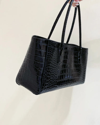 Black Crocodile-Embossed Leather Tote Bag