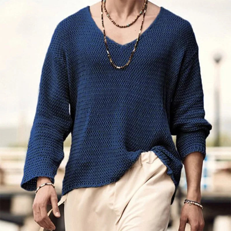 Men's Luxury Knit V-Neck Long Sleeve T-Shirt — Solid Color Hollow Out Loose Streetwear Tee