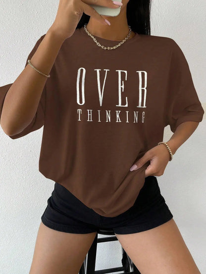 Women's Over Thinking Letter Print T-Shirt — Vintage Cotton Casual Tee