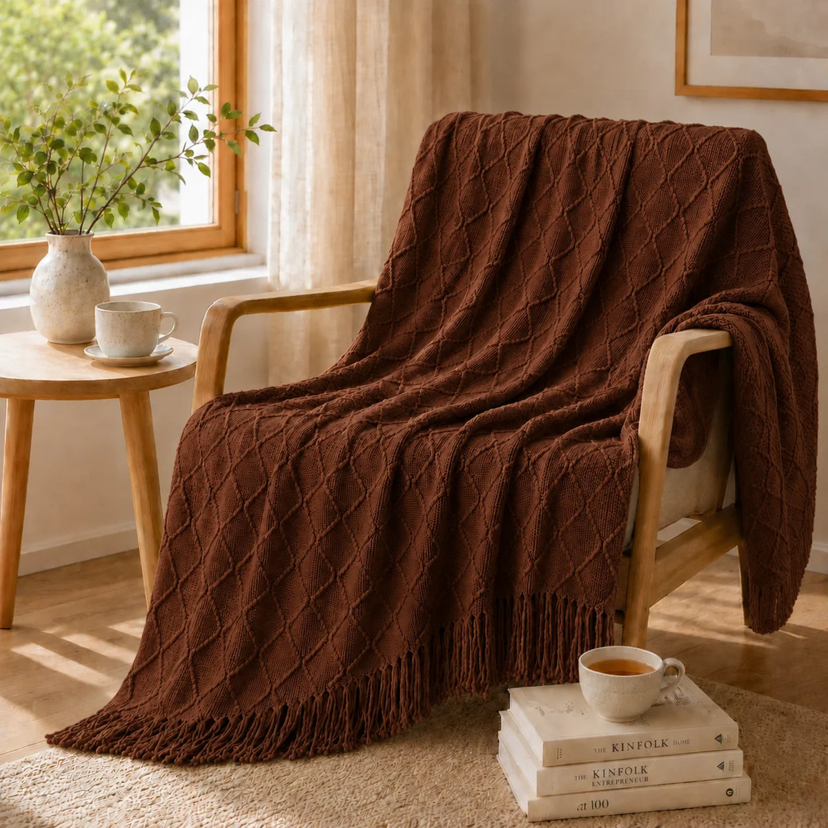Sage Green Mixed Bobble Diamond Textured Knit Throw Blanket with Tassel Fringe, Soft Knitted Decorative Blanket, Lightweight Cozy Cover for Couch Sofa Bed, Boho Farmhouse Home Decor for Living Room Bedroom