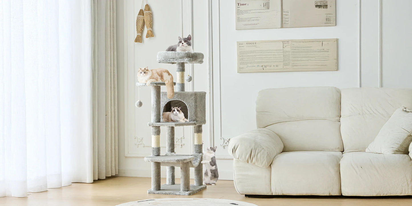 44" Tall Cat Tree & Climbing Tower — Natural Sisal Scratching Posts & Indoor Cat House