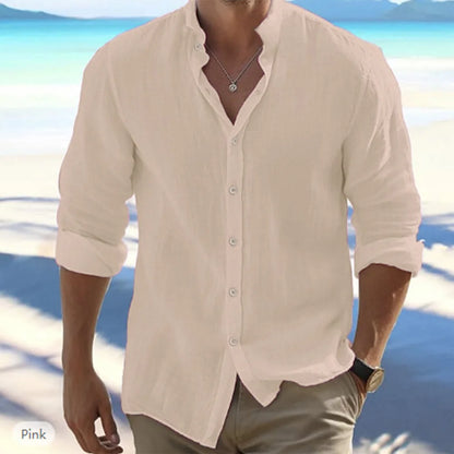 Men's Cotton Linen Long Sleeve Stand Collar Beach Shirt — Solid Color Plus Size Casual Top