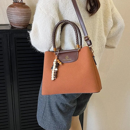 Dark Khaki Faux Leather Tote, Braided Handle & Wood Beads