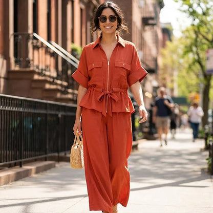 Willshela Women's 2-Piece Set — Zipper Shirt & High Waist Elastic Trousers