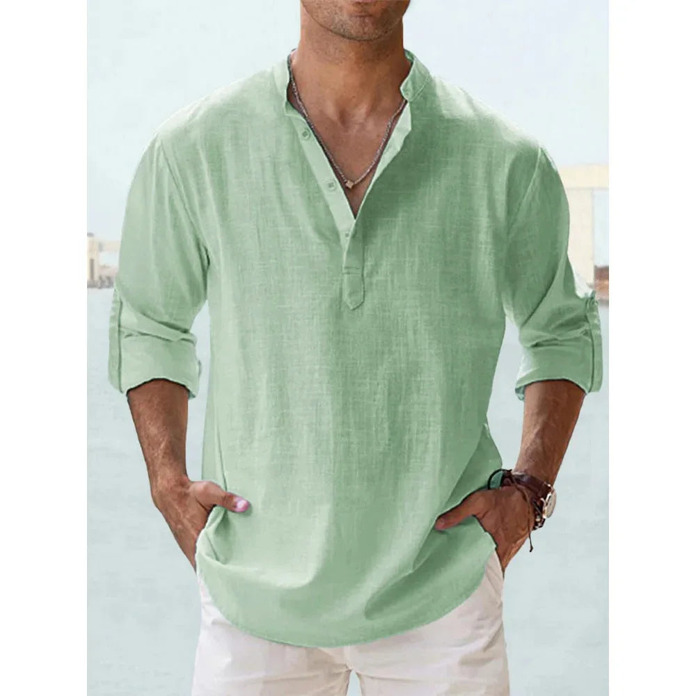 Men's Cotton Linen Long Sleeve Henley Beach Shirt — Solid Color Hawaiian Vacation Top
