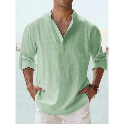 Men's Cotton Linen Long Sleeve Henley Beach Shirt — Solid Color Hawaiian Vacation Top