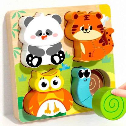 Four-in-one Wooden Toy, 3D Wooden Puzzle, Cartoon Animal, Cognitive Puzzle Early Learning and Educational Toy for Children, Gift