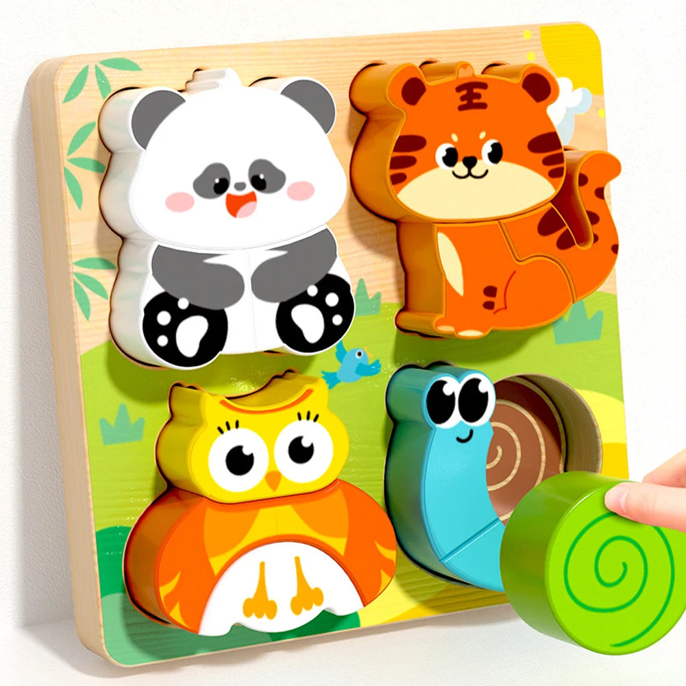 Four-in-one Wooden Toy, 3D Wooden Puzzle, Cartoon Animal, Cognitive Puzzle Early Learning and Educational Toy for Children, Gift
